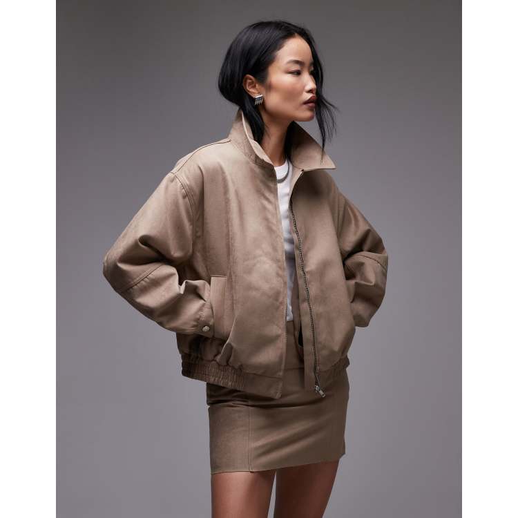 Topshop faux suede cinched collared jacket in light beige | ASOS