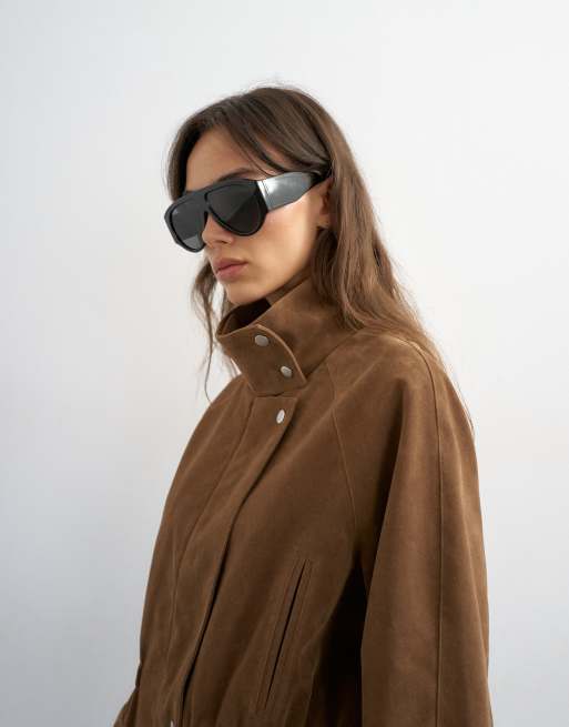 Topshop faux suede cinched waist jacket in brown, 2 of 4