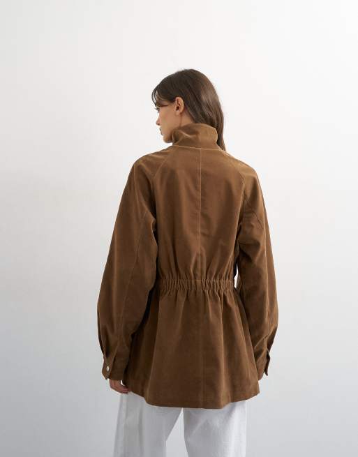 Topshop faux suede cinched waist jacket in brown, 3 of 4