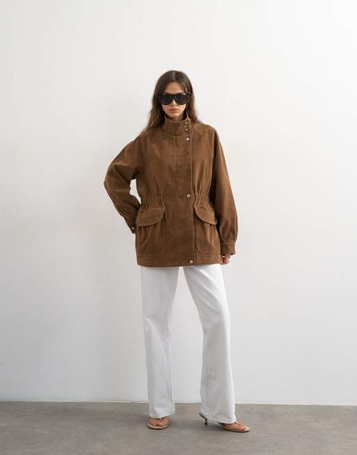 Topshop faux suede cinched waist jacket in brown, 4 of 4