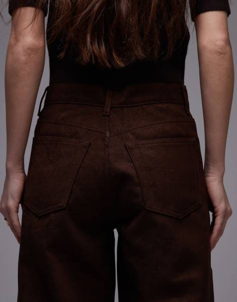 Topshop faux suede column jean in brown - view 1