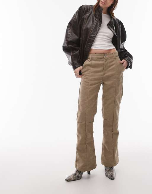 Topshop faux suede cropped kick flare trouser in light beige