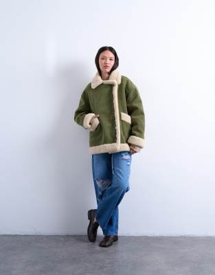 Topshop Faux Suede Faux Shearling Oversized Car Coat In Multi