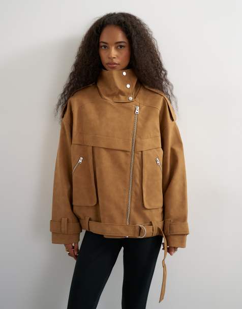 Topshop faux suede fold funnel biker in tan - view 1