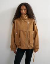 Topshop faux suede fold funnel biker in tan