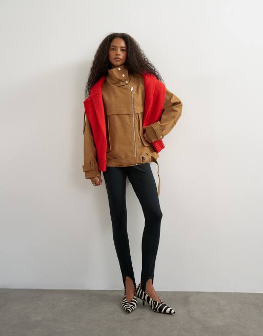 Topshop faux suede fold funnel biker in tan, 2 of 4