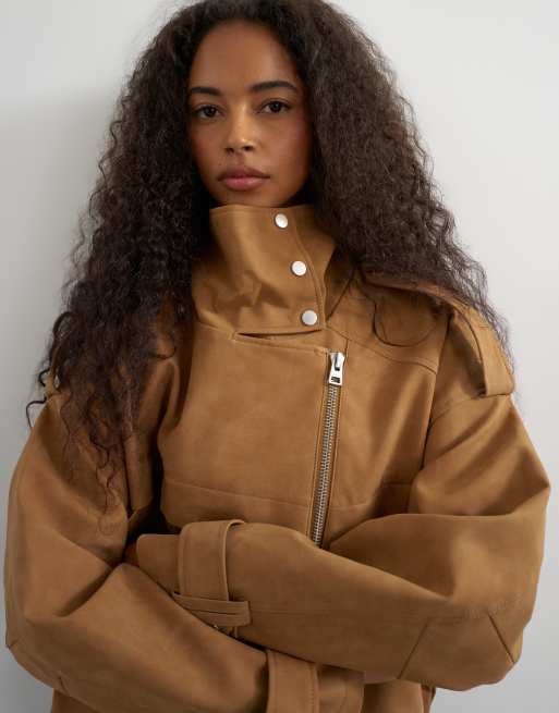 Topshop faux suede fold funnel biker in tan, 4 of 4