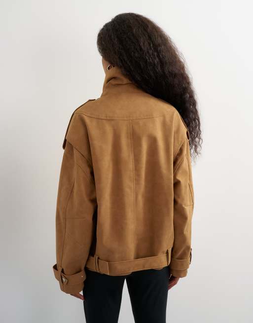 Topshop faux suede fold funnel jacket in tan, 3 of 4