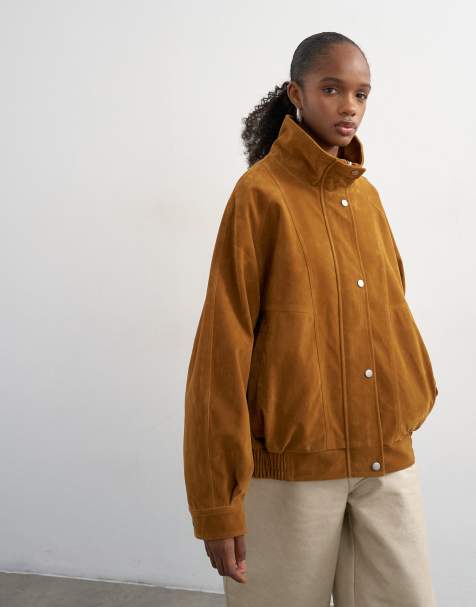 Topshop faux suede funnel neck bomber jacket in tan - view 1