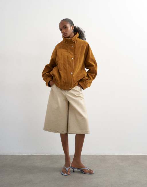 Topshop faux suede funnel neck bomber jacket in tan, 2 of 4