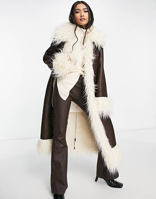 Coats & Jackets Topshop faux suede & fur trim long coat in brown 