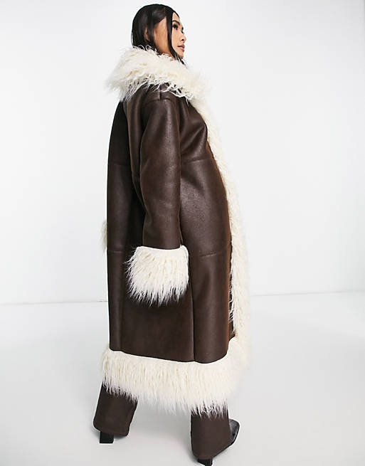 Coats & Jackets Topshop faux suede & fur trim long coat in brown 