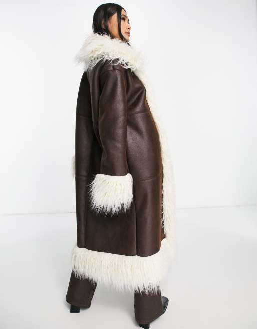 Topshop faux suede & fur trim long coat in brown