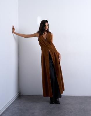 Topshop Faux Suede Hidden Button Plaquette Midi Dress In Brown