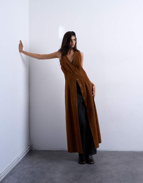 Topshop faux suede hidden button plaquette midi dress in brown - view 1
