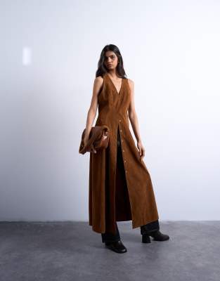 Topshop Faux Suede Hidden Button Plaquette Midi Dress In Brown