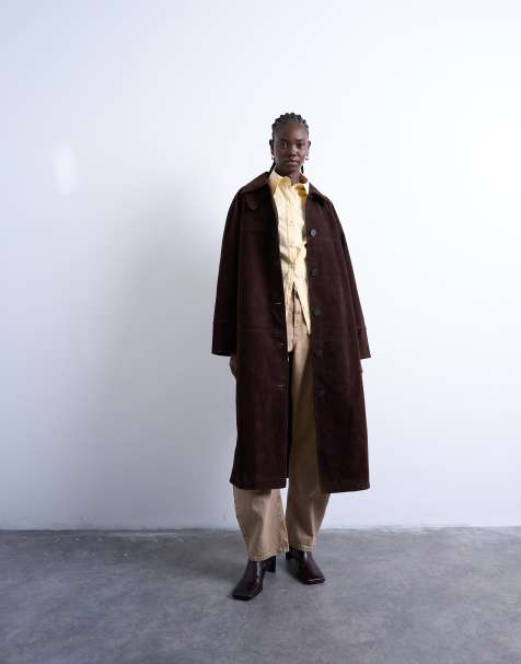 Topshop faux suede long car coat with neck tab in brown - view 1
