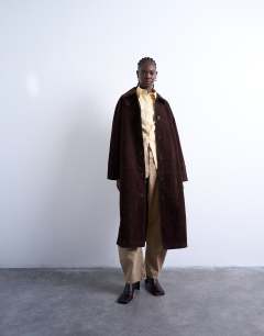 Faux suede long car coat with neck tab in brown