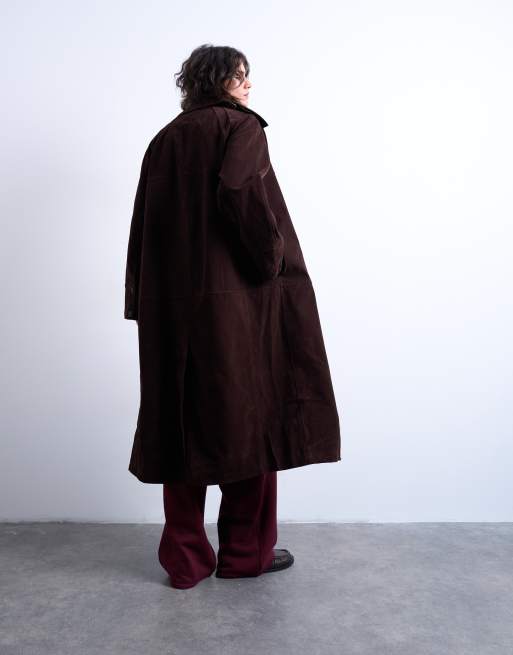 Topshop faux suede long car coat with neck tab in brown, 4 of 4