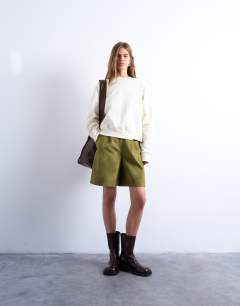Faux suede longline short in green
