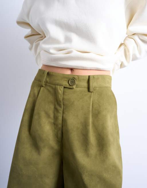 Topshop faux suede longline shorts in green
