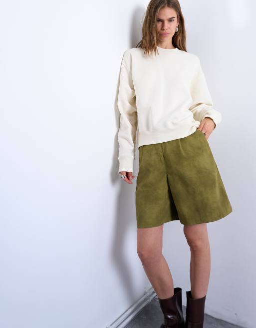 Topshop faux suede longline shorts in green