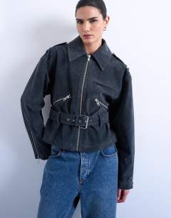 Faux suede low belted biker jacket in charcoal
