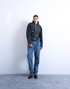 Model wearing Faux suede low belted biker jacket in charcoal