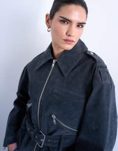 Model wearing Faux suede low belted biker jacket in charcoal