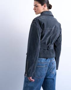 Model wearing Faux suede low belted biker jacket in charcoal