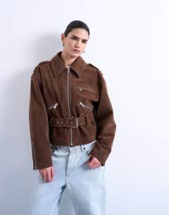Model wearing Faux suede low belted biker jacket in washed brown