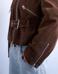 Model wearing Faux suede low belted biker jacket in washed brown