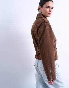 Model wearing Faux suede low belted biker jacket in washed brown