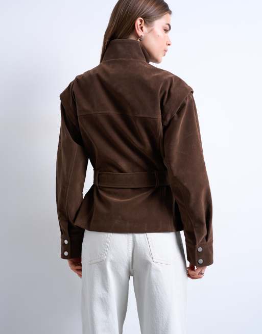 Topshop faux suede low belted funnel neck jacket in brown, 4 of 4
