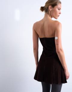 Model wearing Faux suede mini bandeau with pleated hem in chocolate