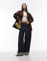 & Other Stories hairy wool blend blazer with cinch waist and bold shoulder in black and brown dogtooth