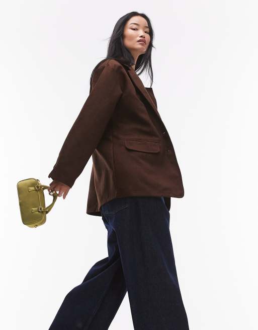 Topshop faux suede oversized blazer in chocolate brown