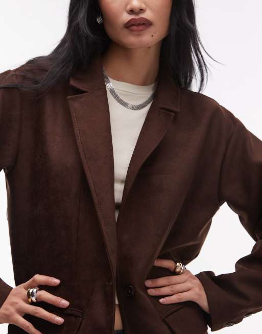 Topshop faux suede oversized blazer in chocolate brown