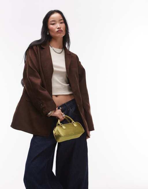 Topshop faux suede oversized blazer in chocolate brown