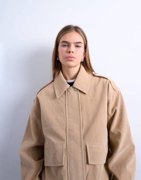 Topshop faux suede oversized bomber in stone - view 1