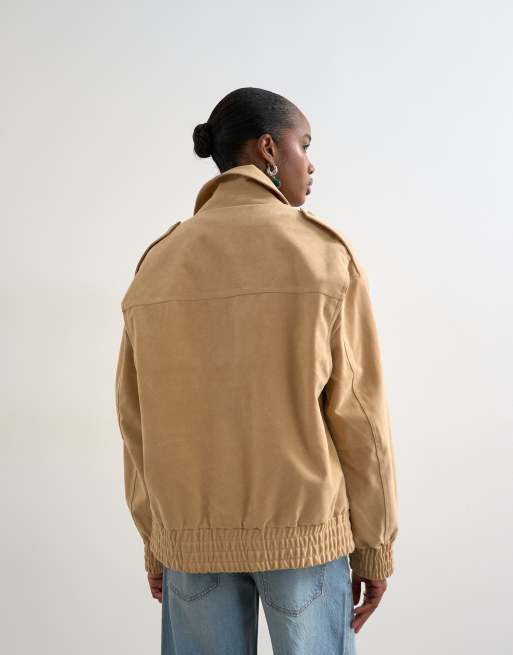 Topshop faux suede oversized bomber in stone, 2 of 4