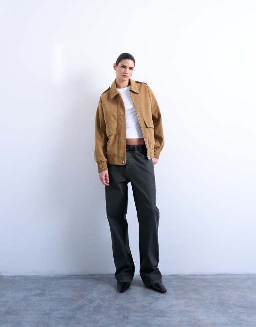 Topshop faux suede oversized bomber in tan, 2 of 4