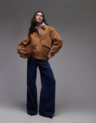 Topshop Faux Suede Oversized Bomber Jacket In Brown