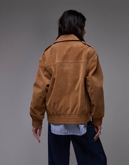 Topshop faux suede oversized bomber jacket in tan, 4 of 4