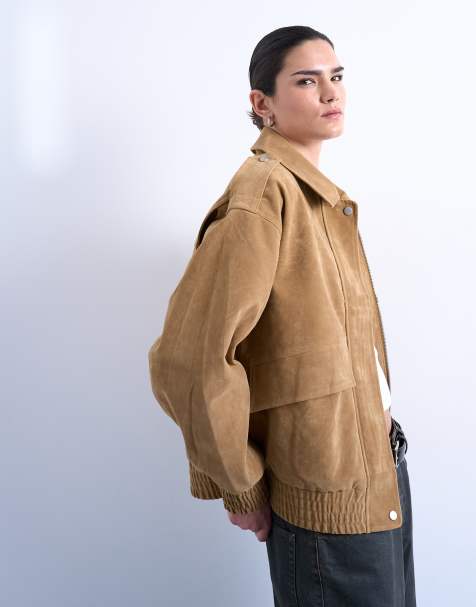 Topshop faux suede oversized bomber jacket in tan - view 1