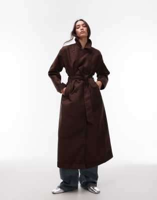 Topshop Faux Suede Oversized Trench Coat In Chocolate Brown