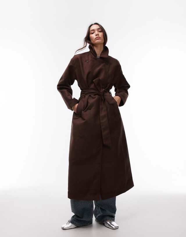 Topshop faux suede oversized trench coat in chocolate brown | ASOS