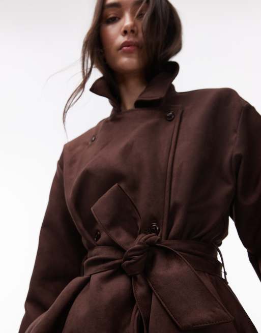 Topshop faux suede oversized trench coat in chocolate brown | ASOS