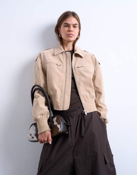 Topshop faux suede ovoid sleeve bomber jacket in stone