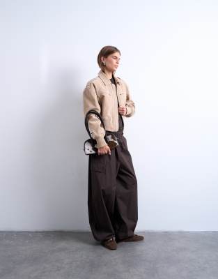 Topshop Faux Suede Ovoid Sleeve Bomber Jacket In Brown